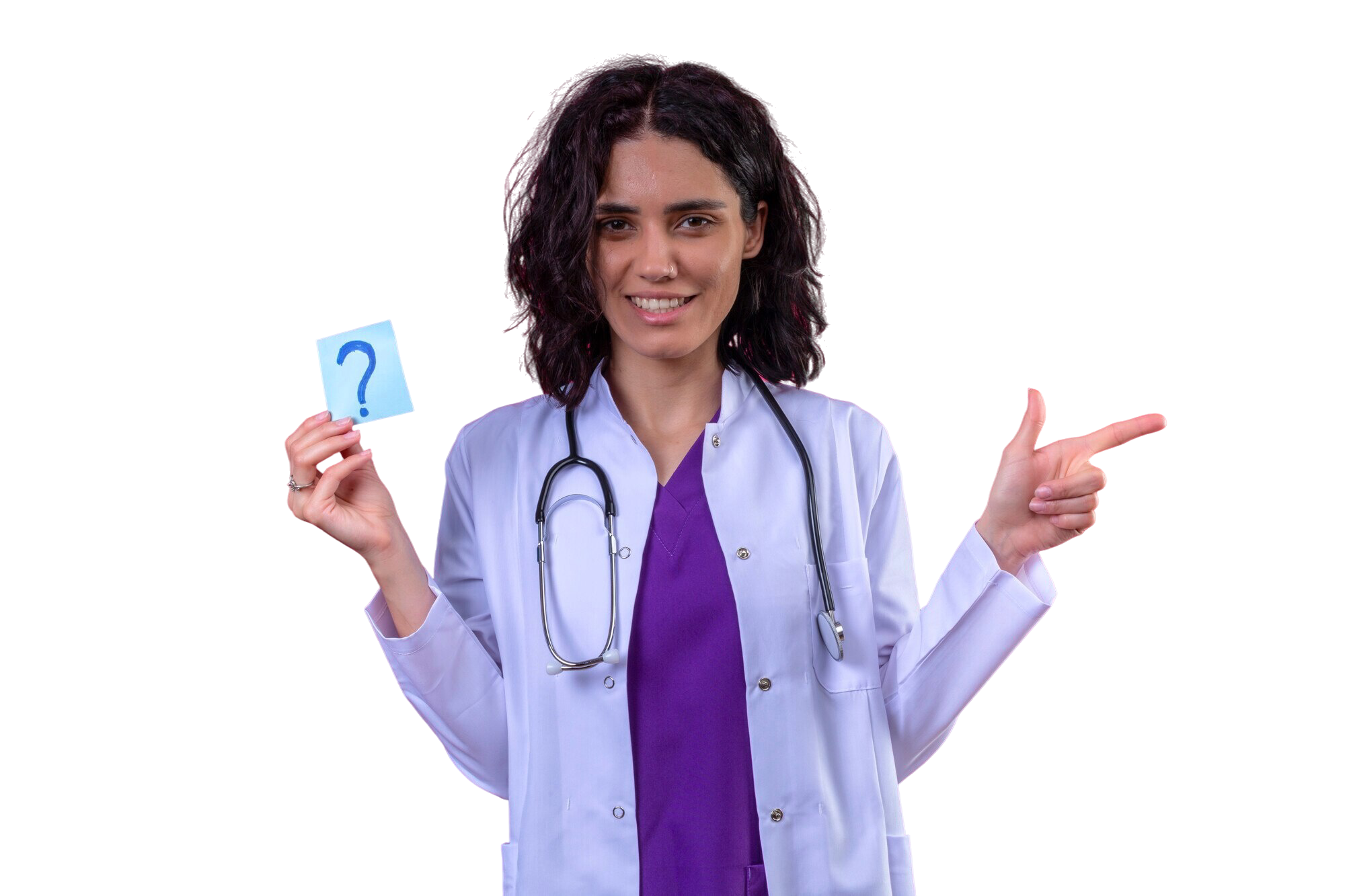 woman doctor wearing white coat with stethoscope holding reminder paper with question mark very happy pointing with finger side isolated pink